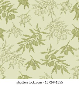 
Hand drawn seamless pattern with olive branches.
Green olives on a light green background. Vector vintage texture.
