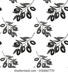 Hand drawn seamless pattern. Olive branches and fruits for Italian, Greek cuisine design, extra virgin oil food or cosmetic product packaging wrapper. Vector illustration isolated on white background.