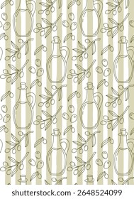Hand drawn seamless pattern with olives, olive oil and olive branches. Striped mediterranean background with doodle elements