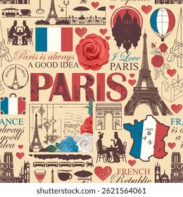 Hand drawn seamless pattern on France and Paris theme with lettering, architectural landmarks, map and flag. T-shirt design, travel postcard. Wallpaper, wrapping paper. No AI used