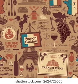 Hand drawn seamless pattern on the theme of French cuisine and Paris with food, wine, architectural landmarks, map and flag. Postcard. Wallpaper, wrapping paper. No AI used