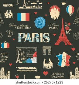 Hand drawn seamless pattern on France and Paris theme with lettering, architectural landmarks, map and flag. T-shirt design, travel postcard. Wallpaper, wrapping paper. No AI used