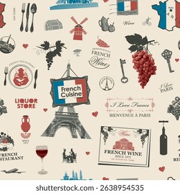Hand drawn seamless pattern on the theme of French cuisine and Paris with food, wine, architectural landmarks, map and flag. Postcard. Wallpaper, wrapping paper. No AI used