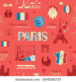 Hand drawn seamless pattern on the theme of travel and France, Paris with inscriptions, architectural landmarks, map and flag. Postcard for Valentine's Day. Wallpaper, wrapping paper. No AI used