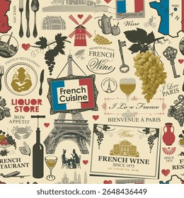 Hand drawn seamless pattern on the theme of French cuisine and Paris with food, wine, architectural landmarks, map and flag. Postcard. Wallpaper, wrapping paper. No AI used