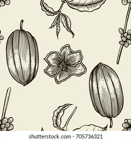 Hand drawn seamless pattern on white background. Cocoa and coffee botany vector illustration. Doodle of healthy nutrient food, engraving sketch etch line. Food dessert drink ingredient