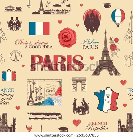 Hand drawn seamless pattern on France and Paris theme with lettering, architectural landmarks, map and flag. T-shirt design, travel postcard. Wallpaper, wrapping paper. No AI used