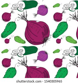Hand drawn seamless pattern with onion and cucumber isolated on white