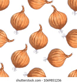 Hand drawn seamless pattern of onions. vector