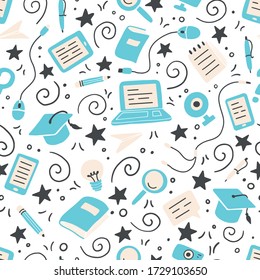 Hand drawn seamless pattern of online education elements, laptop, pencil, book. Doodle sketch style. Vector illustration for e-learning, science, school, knowledge concept design.