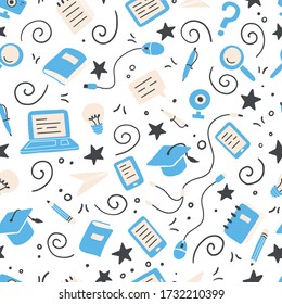 Hand drawn seamless pattern of online education elements, laptop, pencil, book. Doodle sketch style. Vector illustration for e-learning, science, school, knowledge concept design.