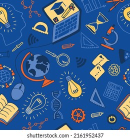 Hand drawn seamless pattern of online education elements, laptop, globe, book. Doodle sketch style. Vector illustration for e-learning, science, school, knowledge concept design.