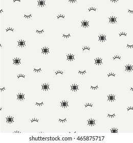 Hand drawn seamless pattern with open and close eyes. Wrapping paper. Vector background. Casual texture. Illustration. Bohemian style. Tribal print. Ethnic doodle art elements. Eye pattern.