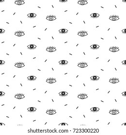 Hand drawn seamless pattern with open and winking eyes isolated on white. Vector illustration.