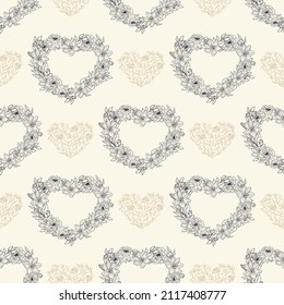 Hand drawn seamless pattern of openwork hearts of flowers and leaves. Floral Valentines day. Spring romantic ornament. Decorative illustration for greeting card, wallpaper, wrapping paper, fabric