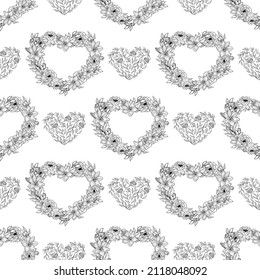 Hand drawn seamless pattern of openwork hearts of flowers and leaves. Floral Valentines day. Spring romantic ornament. Decorative illustration for greeting card, wallpaper, wrapping paper, fabric