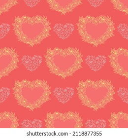 Hand drawn seamless pattern of openwork hearts of flowers and leaves. Floral Valentines day. Spring romantic ornament. Decorative illustration for greeting card, wallpaper, wrapping paper, fabric