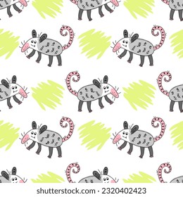 Hand drawn seamless pattern with opossums and spots. Perfect print for tee, textile and fabric. Doodle vector illustration for decor and design.
