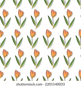 Hand drawn seamless pattern of orange flowers isolated on white background.