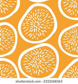 Hand drawn seamless pattern with orange background and white abstract fruit outline. Fresh juicy fruit
Design for packaging wallpaper card social media