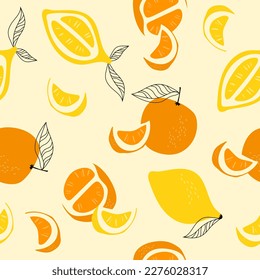 Hand drawn seamless pattern with oranges and lemons.  Citrus fruit patern on cream background.