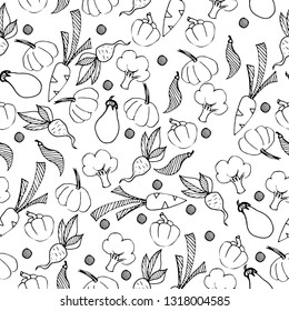 Hand drawn seamless pattern organic food. Sketch style vector set. Vegetables isolated on white background.