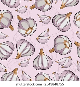 Hand drawn seamless pattern of  organic fresh whity purple garlic with cloves , good for health 