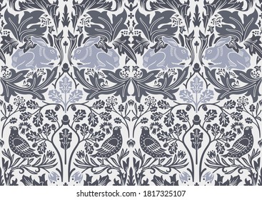 Hand drawn seamless pattern ornament with hare and bird in foliage. Vector illustration.