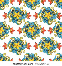 Hand drawn seamless pattern ornament maiolica vector. Print design textile 