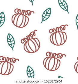 Hand drawn seamless pattern with outline pumpkins and leaves on the white background. Cute autumn vector texture. Nice autumn texture for textile, wrapping paper, cover, background, wallpaper