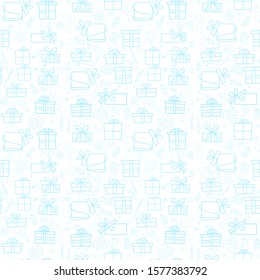 Hand drawn seamless pattern with outline gifts with bows in cartoon style. Doodle thin line gift box texture with different bows. Gift wrap, package. Doodle gift box wallpaper on white background. 