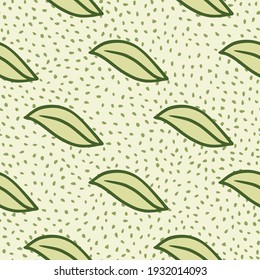 Patrón sin fisuras dibujado a mano con formas de hojas verdes de contorno. Fondo claro y punteado. Fondo natural. Diseñado para el diseño de tejidos, impresión textil, envoltura, cubierta. Ilustración vectorial.