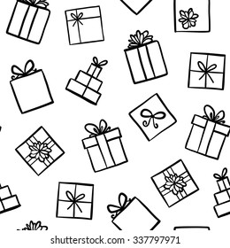 Hand drawn seamless pattern with outline gifts with bows in cartoon style. Doodle thin line gift box texture with different bows. Gift wrap, package. Doodle gift box wallpaper on white background. 