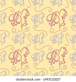 Hand drawn Seamless pattern. Outlines of bizarre plants on a white background . Vector illustration