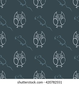 Hand drawn seamless pattern with owl and mouse