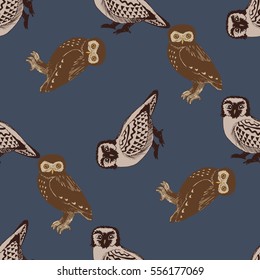 Hand drawn seamless pattern with owls. Colored doodle birds drawn for the tile texture. Template for wrapping, scrapbook paper, web background and textile print. Vector