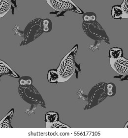 Hand drawn seamless pattern with owls.Black and white doodle birds drawn for the tile texture. Template for wrapping, scrapbook paper, web background and textile print. Vector