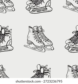 Hand drawn seamless pattern with pairs of ice skates. Winter sports concept, print design, packaging paper, poster. Vector sketch illustration in vintage crayon charcoal style