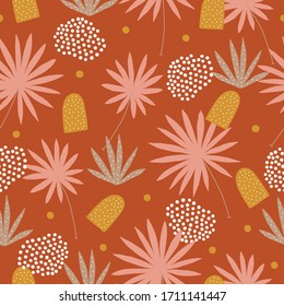 Hand drawn seamless pattern with palm leaves, dots and geometric shapes on orange background. Abstract contemporary modern trendy vector illustration. Perfect for wallpaper and textile