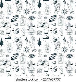 Hand drawn seamless pattern with palmistry hands, all-see eyes, mystic jar and other esoteric symbols. Vector illustration for textile, background, texture, wrapping paper, witchcraft and magic shop.