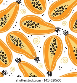 Hand drawn seamless pattern with papaya fruits. Healthy nutrition background, diet or lifestyle backdrop. Organic food, smoothie bar or support farmers market concept for kitchen textile, banners