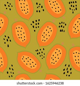 Hand drawn seamless pattern with papayas in orange on green background.