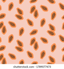 Hand drawn seamless pattern with papayas. Orange papaya slices with black seeds on pink background. Vector texture.