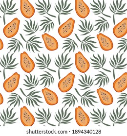 Handgezeichnet nahtloses Muster mit Papayas und Palmblättern. Bringen Sie Vektorgrafik mit. Vektorhintergrund für bunter Sommergewebe.