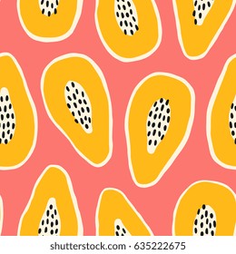 Hand drawn seamless pattern with papayas in orange, cream and black on pink background.