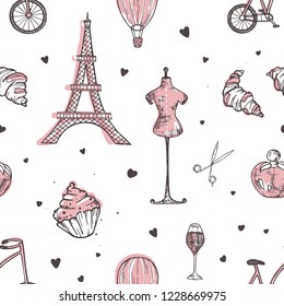Hand drawn seamless pattern with Paris and France symbols - french perfume, bicycle, croissant, Eiffel Tower, mannequin, air balloon on white background. Vector illustration for wrapping paper.