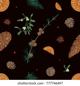 Hand drawn seamless pattern with parts of Christmas plants on black background - mistletoe, branches of coniferous trees, cones, orange slices, star anise. Vector illustration for wrapping paper