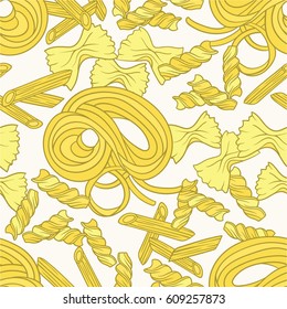 Hand drawn seamless pattern with pasta. Colorful illustration with food. Decorative wallpaper, good for printing
