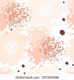 Patrón sin fisuras dibujado a mano. Rosa pastel, melocotón, desnudo, manchas redondas marrones sobre un fondo blanco. Fondo abstracto vectorial.
