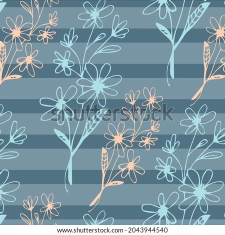 Hand drawn seamless pattern with pastel flowers isolated on blue stripes. Vector illustration.